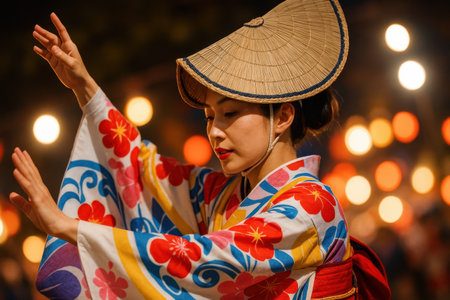 Japanese Woman Dancing at Awa Odori Festival. AI Generative.の素材