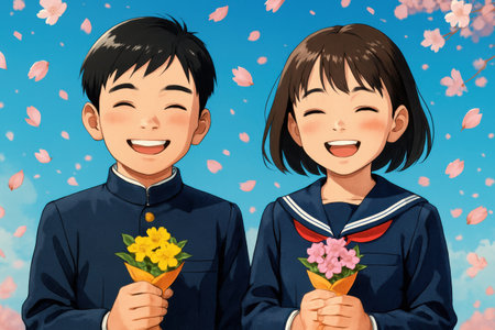 Anime School Kids with Flowers under Cherry Blossoms. AI Generative.の素材
