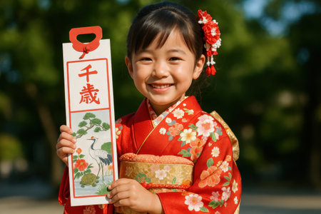 Child in Traditional Kimono Holding Chitose-Ame Bag. AI Generative.の素材
