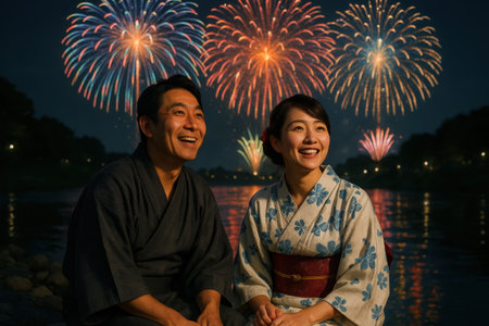 Couple in Traditional Yukata Watching Fireworks in Japan Festival. AI Generative.の素材