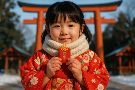 Child in Kimono Holding Omamori at Shinto Shrine. AI Generative.の素材
