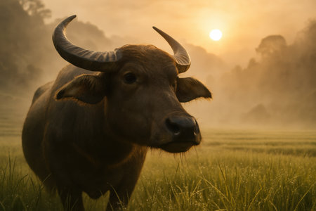 Water Buffalo in Vietnamese Rice Field at Sunrise. AI Generative.の素材
