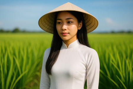 Vietnamese Woman in Traditional Ao Dai in Rice Field. AI Generative.の素材
