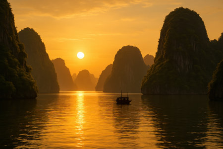 Ha Long Bay Sunset in Northern Vietnam. Golden Sunset over Limestone Islands. AI Generative.の素材