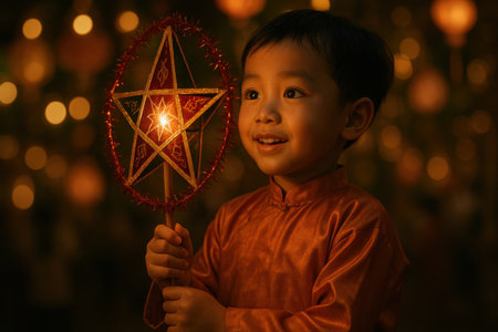 Smiling Vietnamese Boy with Star Lantern at Tet Trung Thu. Mid-Autumn Festival Lantern Celebration. AI Generative.の素材