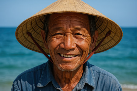 Smiling Elderly Vietnamese Man in Traditional Non La Hat. AI Generative.の素材
