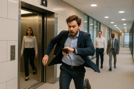 Late Office Worker Running to Meeting with Smartphone. AI Generativeの素材