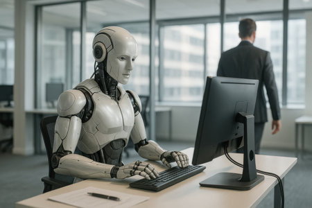 Robot Office Worker Replacing Human Employee. AI Generativeの素材