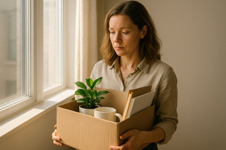 Sad Woman Leaving Job with Box of Office Items. Employee Holding Cardboard Box After Layoff. AI Generativeの素材