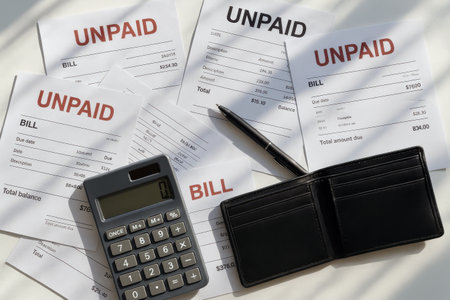 Unpaid Bills and Empty Wallet Symbolizing Financial Problems. AI Generativeの素材
