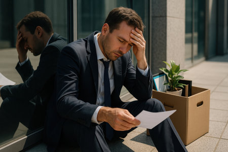 Fired Businessman Sitting Outside Office with Box. AI Generativeの素材