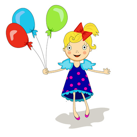 girl in dress with blonde hair and with balloons, bright colors, blue, red, greenのイラスト素材