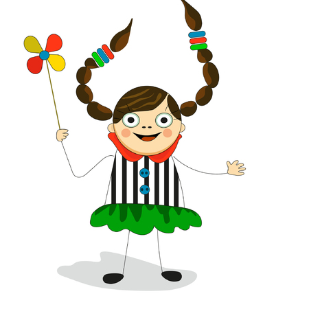 The girl is cheerful with two pigtails in a bright dress with a turntable on a stick, cartoon and cuteのイラスト素材