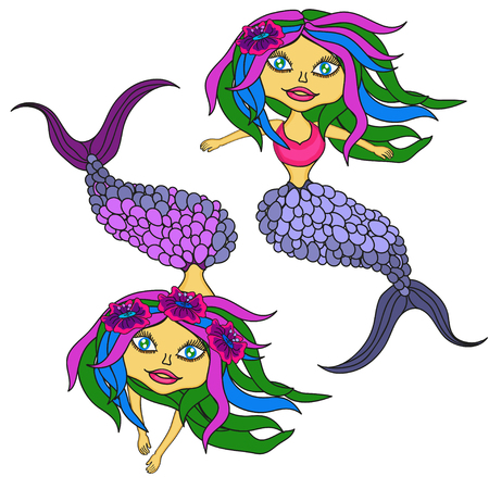 mermaid, two, siren, bright, colorful hair, purple, child, mythology, Princess, mermaid tail, sea, Seth, isolated, on white backgroundのイラスト素材