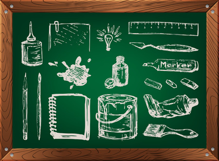 Hand drawn set of art supplies on green chalkboardのイラスト素材