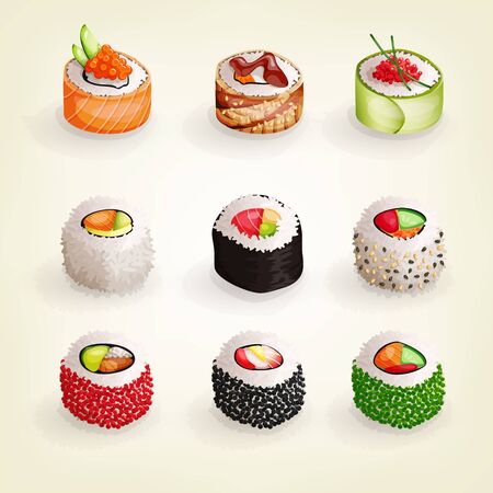Set of various fresh and delicious sushi rolls.のイラスト素材