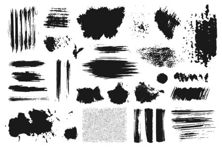 Hand drawn collection of abstract ink spots, brush strokes, lines, textures and paint splashes. Grunge set of graphic illustrations for banner template. Vector elements isolated on white background.のイラスト素材