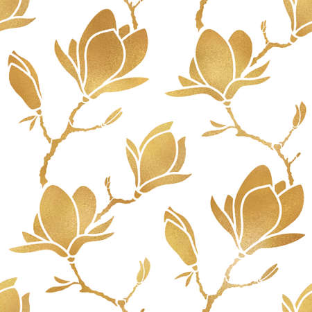 Elegant floral seamless pattern of golden blooming magnolia branches. Modern gold glitter texture on white background. Design for wrapping paper, wallpaper or fabric. Botanical natural flower ornamentのイラスト素材