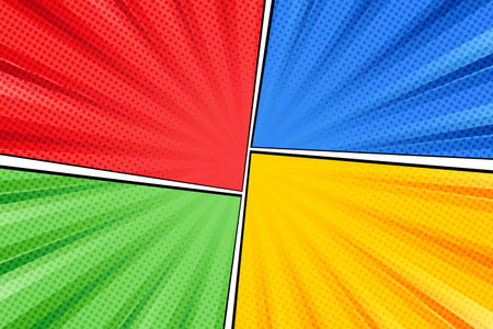 Comic book page background template. Radial rays backdrop with halftone effect in pop-art style design.のイラスト素材