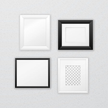Composition of various black and white frames hanging on the wall. Rectangular frame template with glass and passe-partout and empty space for photo, image or poster. Realistic vector mockupのイラスト素材