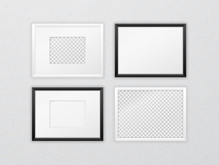Composition of different black and white narrow frames hanging on the wall. Horizontal rectangular frame template with passe-partout and empty space for photo, image or poster. Realistic vector mockupのイラスト素材