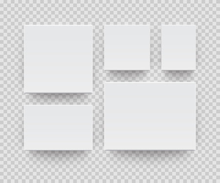 Composition of several different canvas wall displays hanging on the wall. White blank paper sheets with shadows isolated on transparent background. Realistic vector template for your designのイラスト素材