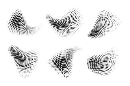 Set of abstract curved liquid shapes with halftone dotted texture on white background. Graphic elements with fluid waves effect and spray gradientのイラスト素材