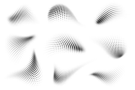 Set of abstract curved liquid shapes with halftone dotted texture on white background. Graphic elements with fluid waves effect and spray gradientのイラスト素材
