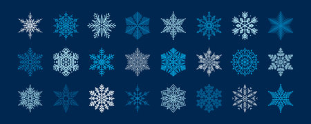A collection of various snowflakes in shades of white and blue on a dark blue background. Each snowflake is unique, featuring abstract geometric elements. Christmas design of winter vector iconsのイラスト素材