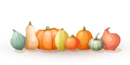 Set of colorful pumpkins on a white background. Vector illustration in a semi-realistic cartoon style for autumn advertising, harvest festivals, food markets, Thanksgiving designsのイラスト素材