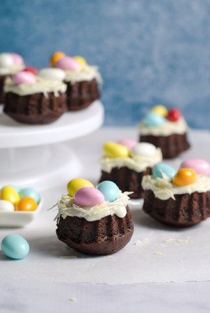 Mini Bundt Cakes Decorated with Chocolate Eggs, Easter Dessert