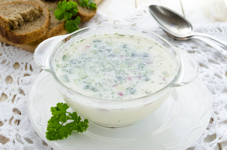 Cold soup Okroshka on white backgroundの写真素材