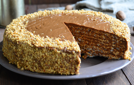 Nut Cake on wooden backgroundの写真素材