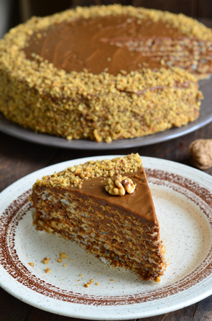 Nut Cake on wooden backgroundの写真素材