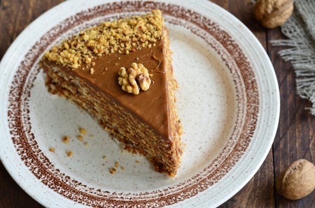 Nut Cake on wooden backgroundの写真素材