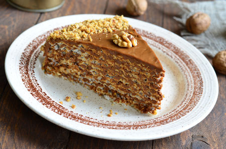 Nut Cake on wooden backgroundの写真素材