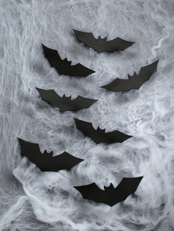 Cobweb with Black Bats on Dark Background, Halloween Holiday Symbolの写真素材