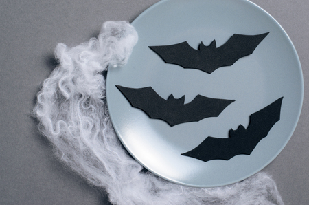 Top View of Halloween Plate on Dark Background, Halloween Holiday Party Dinner Conceptの写真素材