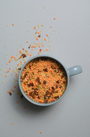 Lentil and Bulgur Mix with Dried Herbs and Spices, Soup Mix on Grey Backgroundの写真素材