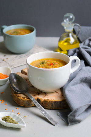 Lentil Bulgur Soup, Comfort Food, Turkish Cuisine, Vegetarian Mealの写真素材
