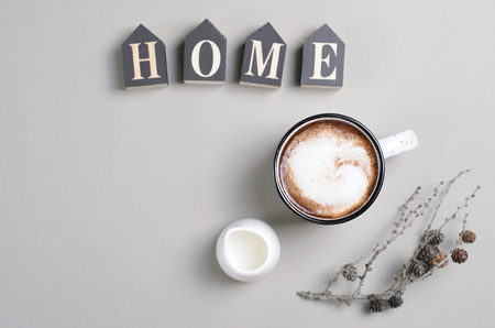 Cup of Coffee with Cream on Bright Beige Background, Coffee Mug, Home Cozy Conceptの写真素材