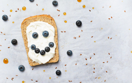 Blueberry Toast, Berries, Cream Cheese Flax Seed and Maple Syrup Dessert, Organic Healthy Mealの写真素材