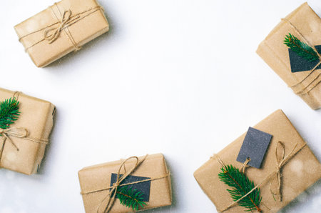 Christmas Gifts with Fir Branches on White Background, Winter Holidays Concept