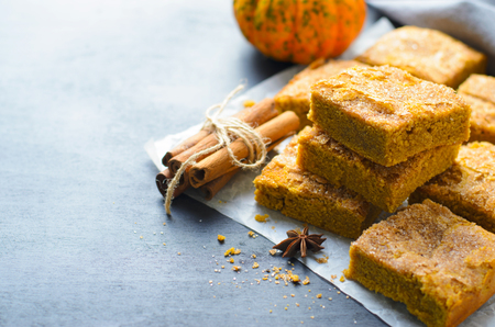 Pumpkin Bars with Cinnamon Sugar Crust, Freshly Baked Spiced Pumpkin Blondiesの写真素材