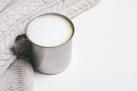 Cup of Coffee and Warm Knitted Sweater or Plaid, Comfort Cozy Conceptの写真素材