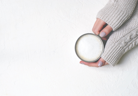 Coffee Mug in Female Hands, Cozy Still Life Concept, Flat Lay, Copy Space, Top Viewの写真素材