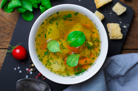 Vegetable Soup with Carrot, Bell Pepper, Potato, Leek and Herbs, Bowls of Healthy Soup, Vegetarian Mealの写真素材