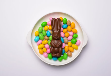 Easter Bunny and Chocolate Eggs on Bright Background, Sweet Easter Treats, Holiday Concept