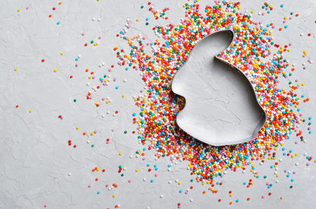 Easter Concept, Sugar Sprinkles and Bunny Cookie Cutter on Grey Background, Sweet Easter Treat, Copy Spaceの写真素材