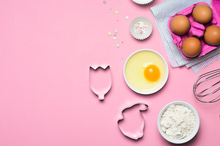 Baking Concept, Eggs, Flour, Whisk, Rolling Pin on Bright Background, Top Viewの写真素材